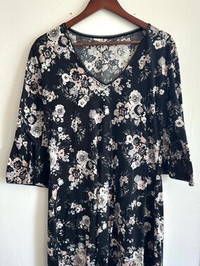 Black Floral V-Neck Dress with Soft Pink & Cream Blooms